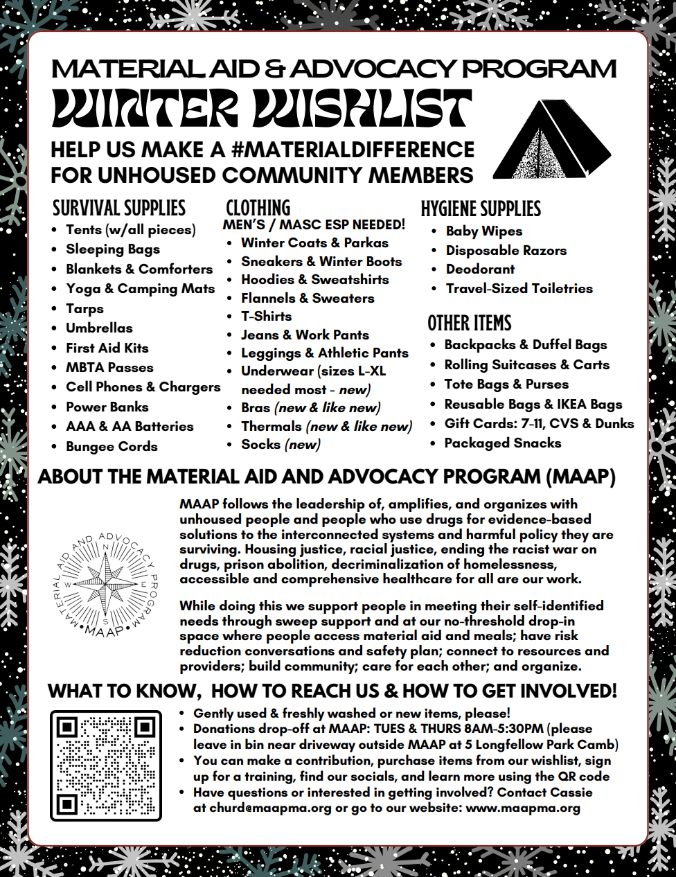 material aid and advocacy program's winter wishlist